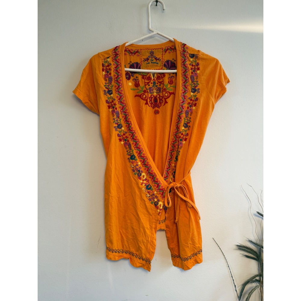 JW Los Angeles Johnny Was Orange Embroidered Wrap Top Short Sleeve Small 3348